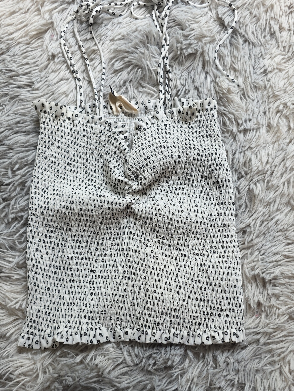 Smocked White & Black Printed Crop Top